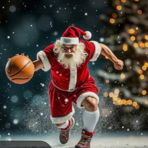here comes Santa Claus dribbling basketballs 