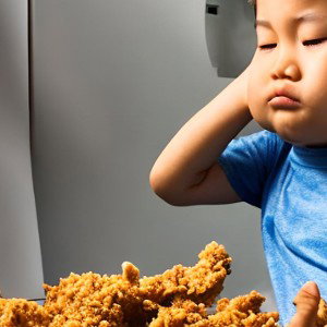 Asian boy in a washing machine eating chicken