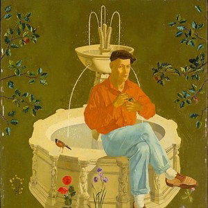 by the fountain  